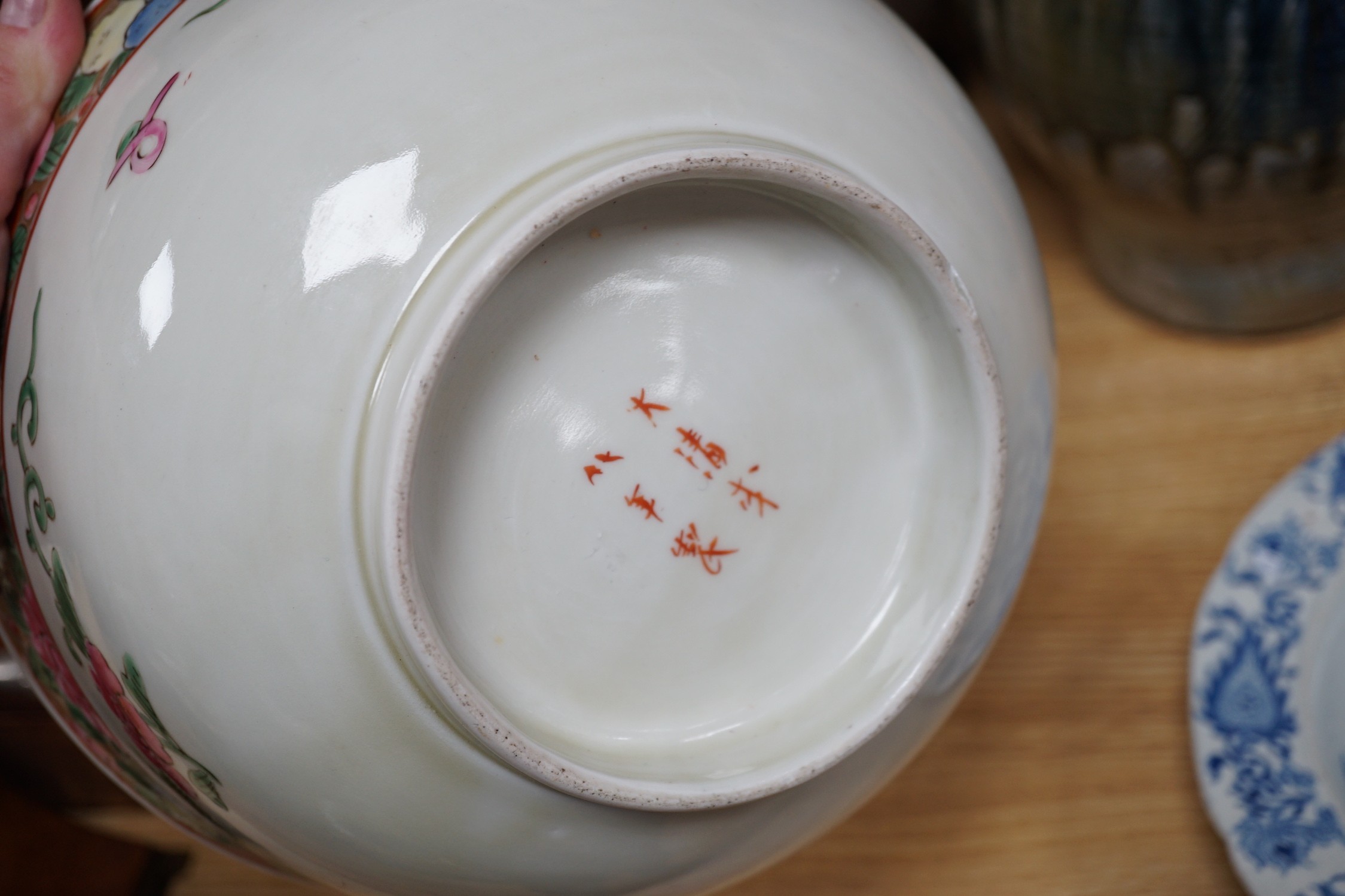 Two studio pottery vases, a Japanese enamelled porcelain bowl and a Masons Ironstone blue and white soup plate, tallest 28cm